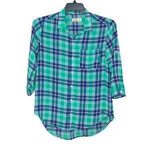 Vintage 00s Y2K Hollister Medium M Green Blue Plaid Chiffon Preppy Blouse‎ Top